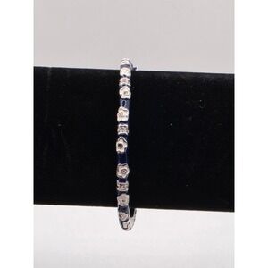 Navy Blue Enamel Floral Bangle Bracelet White Flowers Crystal Accents 6.5 Inch